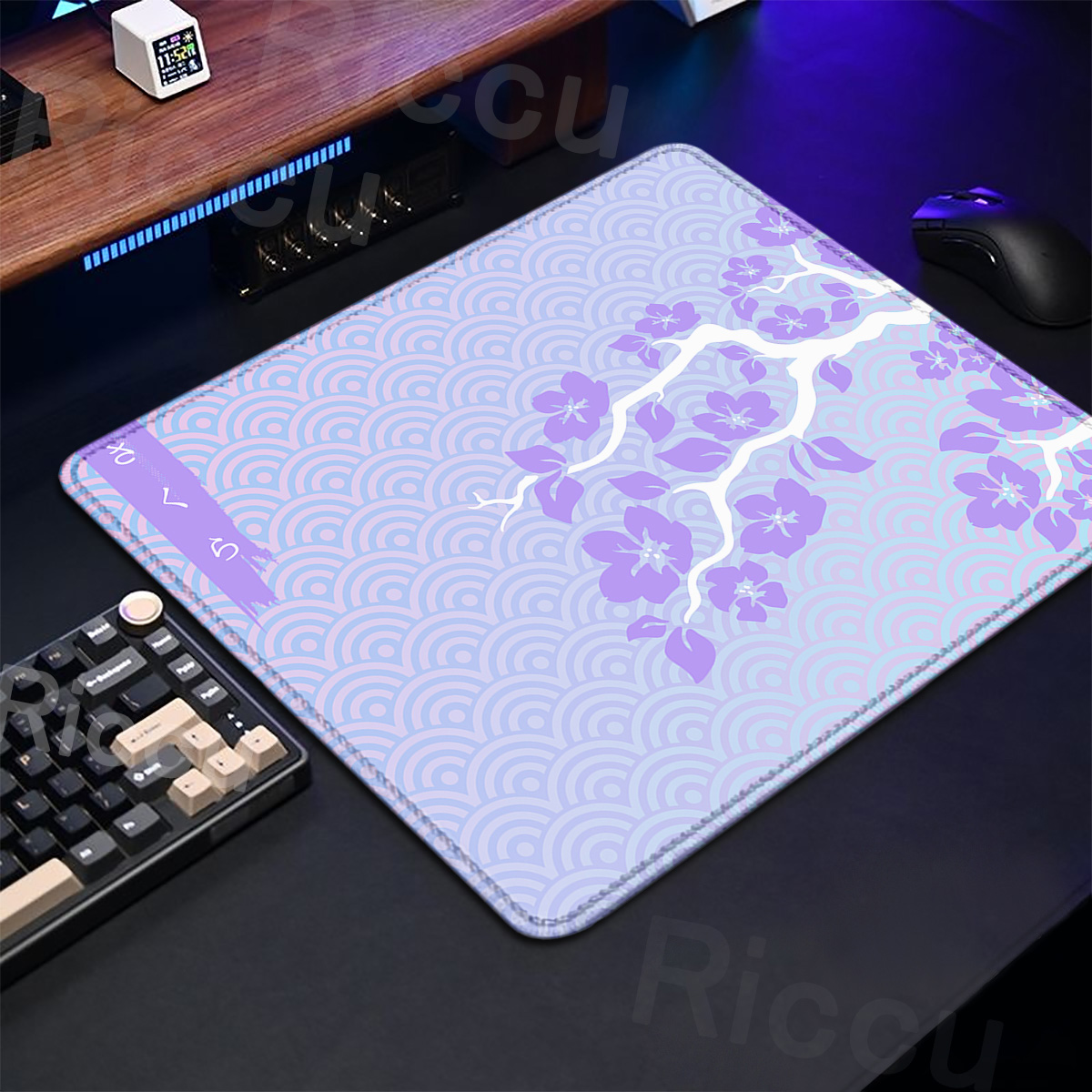 Desk Setup Blue - Purple Sakura Table Pad Gaming Mice